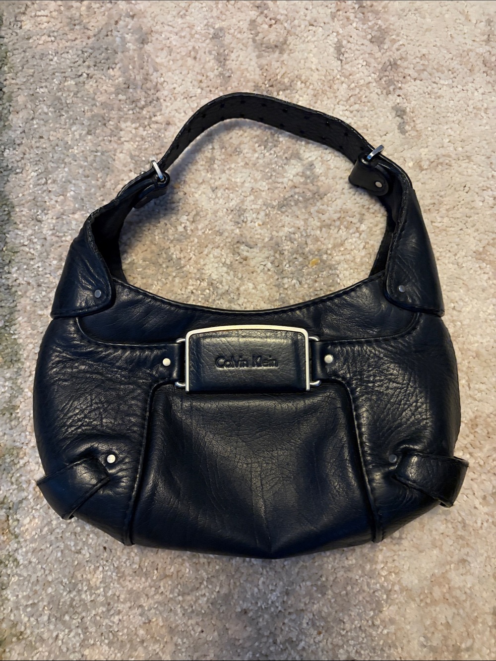Calvin Klein Black Leather Hobo Shoulder Bag with Logo Plate